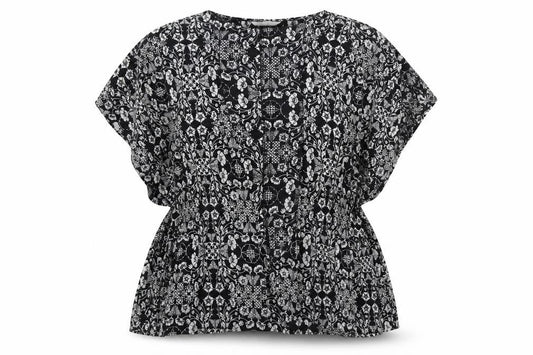 Peacocks Womens Black Geometric Viscose Basic Blouse Size M Round Neck