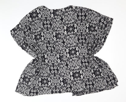 Peacocks Womens Black Geometric Viscose Basic Blouse Size M Round Neck