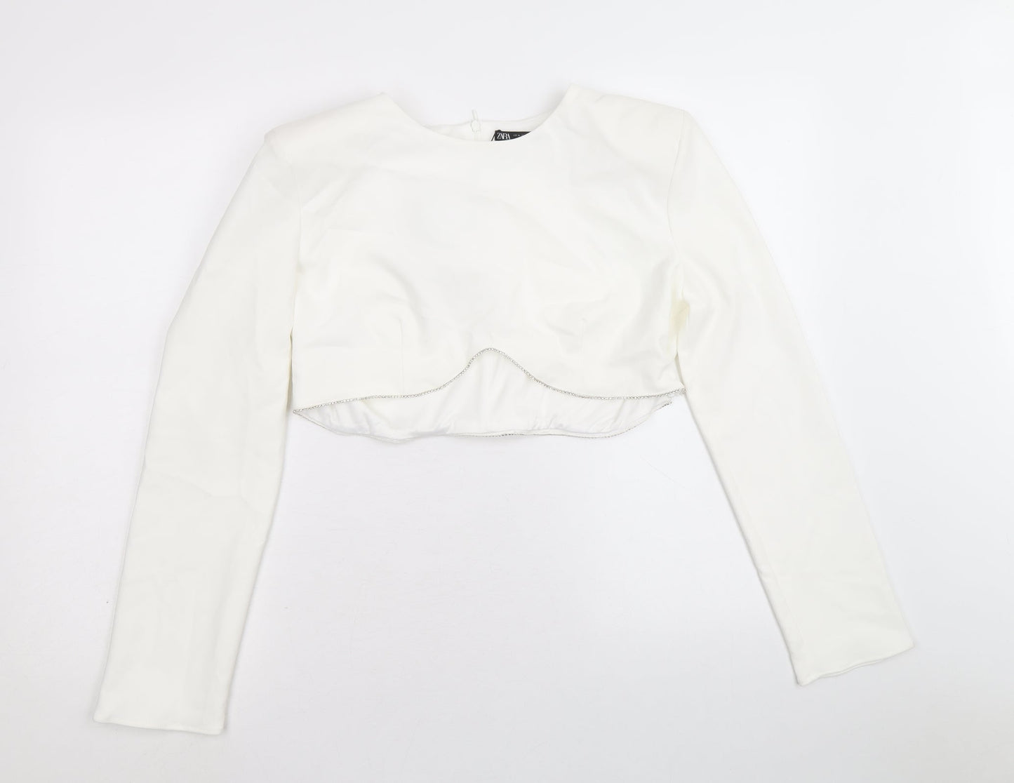 Zara Womens White Polyester Cropped Blouse Size XL Round Neck - Diamante Trim