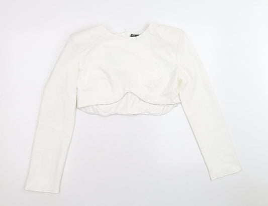 Zara Womens White Polyester Cropped Blouse Size XL Round Neck - Diamante Trim