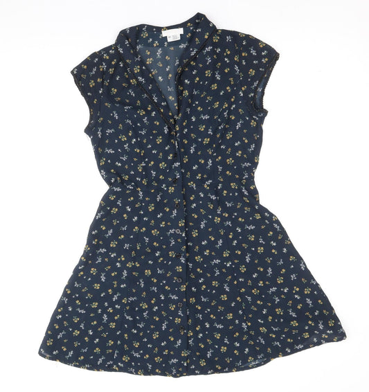 Cooperative Womens Blue Floral Polyester Fit & Flare Size XS V-Neck Button