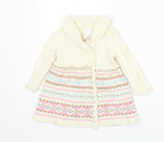 Preworn Girls Ivory Fair Isle Cotton Jumper Dress Size 3-6 Months Collared Snap