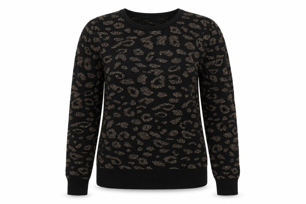M&Co Womens Black Round Neck Animal Print Cotton Pullover Jumper Size 10 - Leopard Pattern