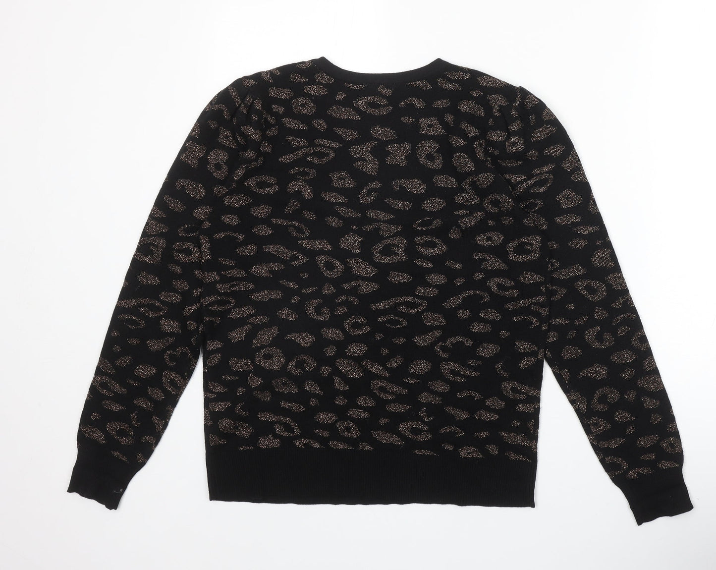 M&Co Womens Black Round Neck Animal Print Cotton Pullover Jumper Size 10 - Leopard Pattern
