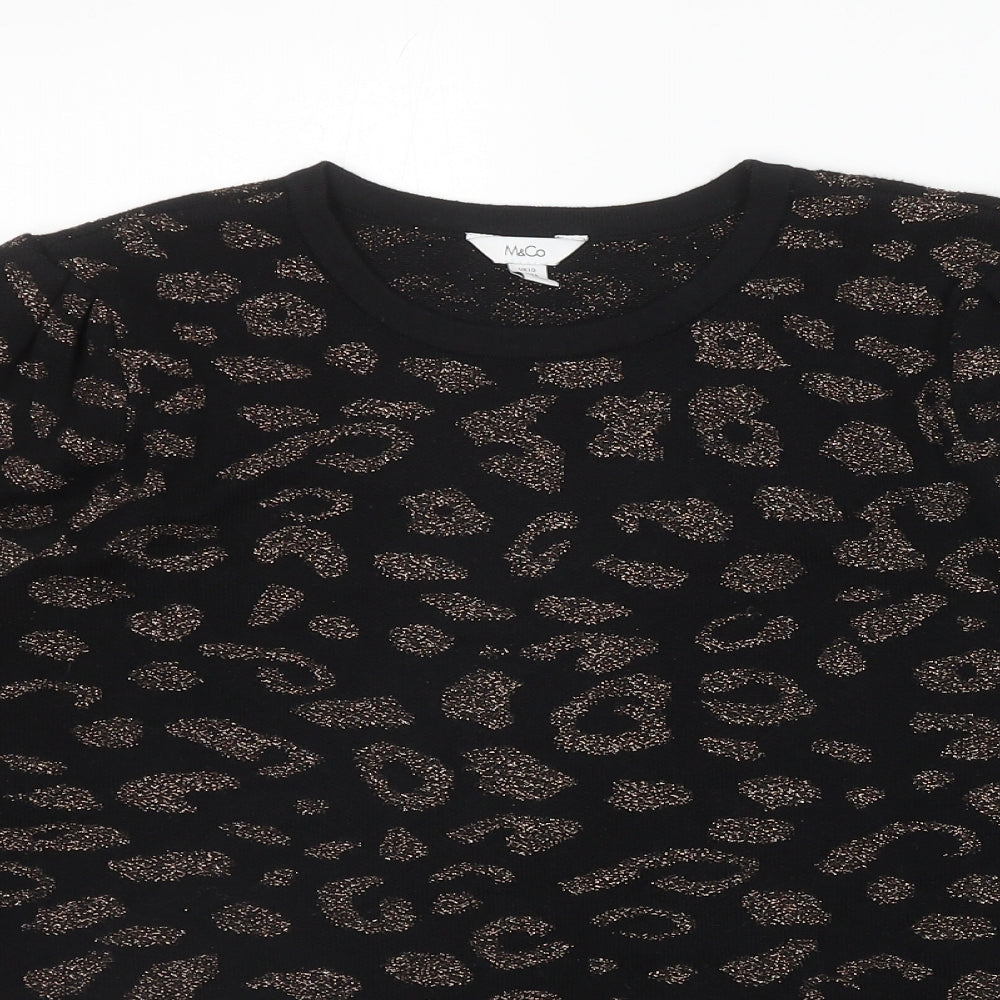 M&Co Womens Black Round Neck Animal Print Cotton Pullover Jumper Size 10 - Leopard Pattern