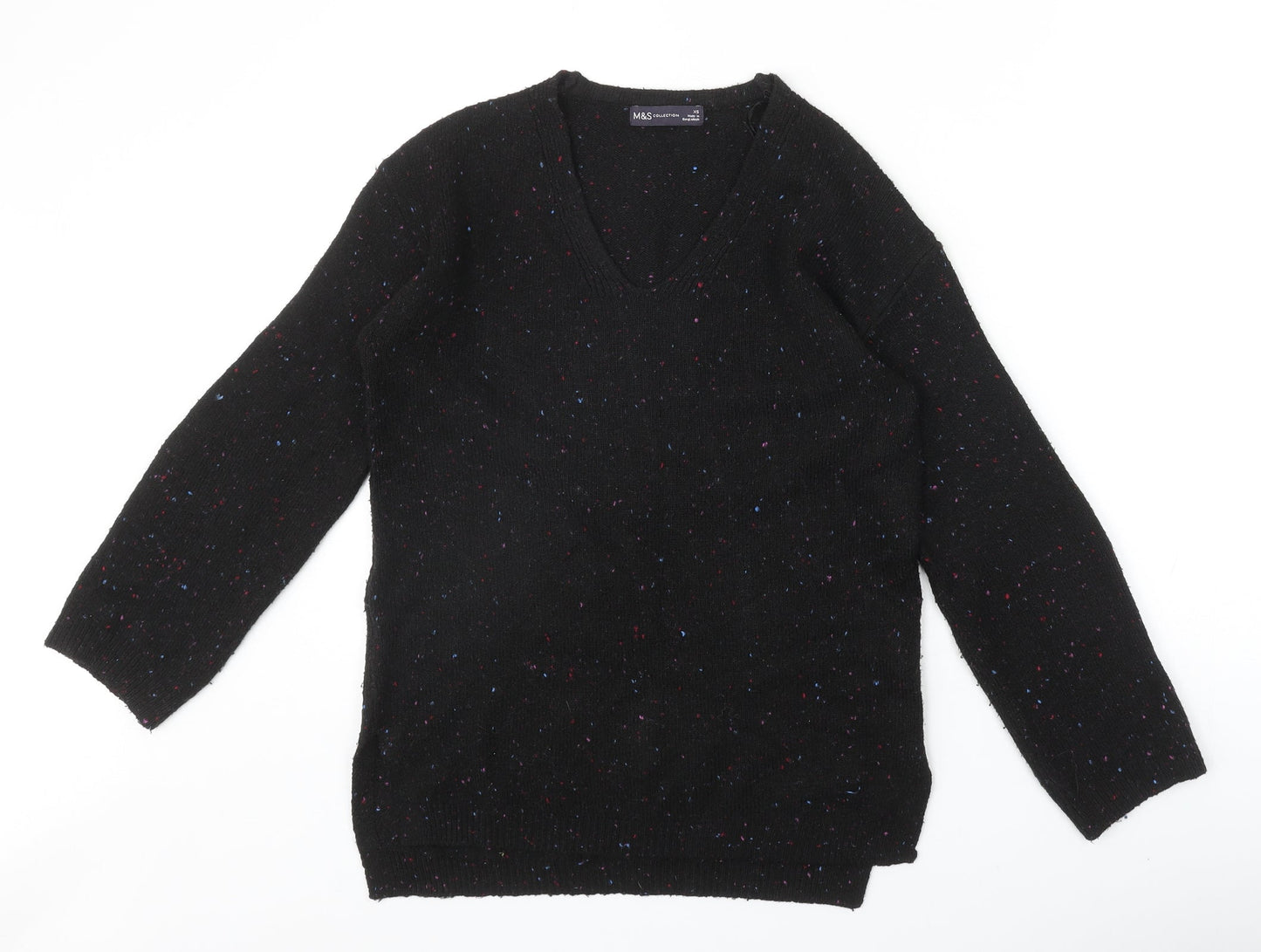 Marks and Spencer Womens Black V-Neck Geometric Acrylic Pullover Jumper Size XS