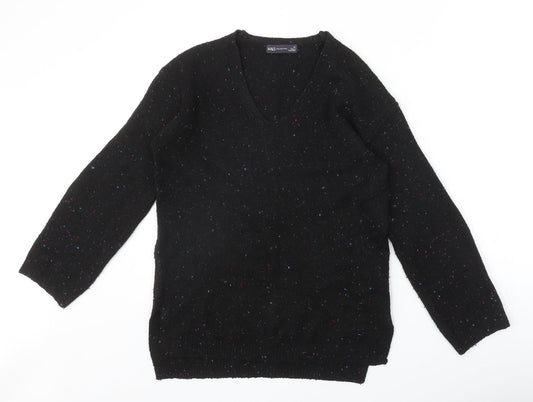 Marks and Spencer Womens Black V-Neck Geometric Acrylic Pullover Jumper Size XS