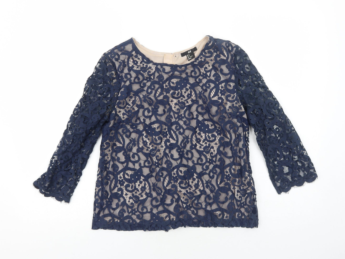 H&M Womens Blue Geometric Polyester Basic Blouse Size S Round Neck