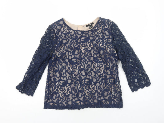 H&M Womens Blue Geometric Polyester Basic Blouse Size S Round Neck