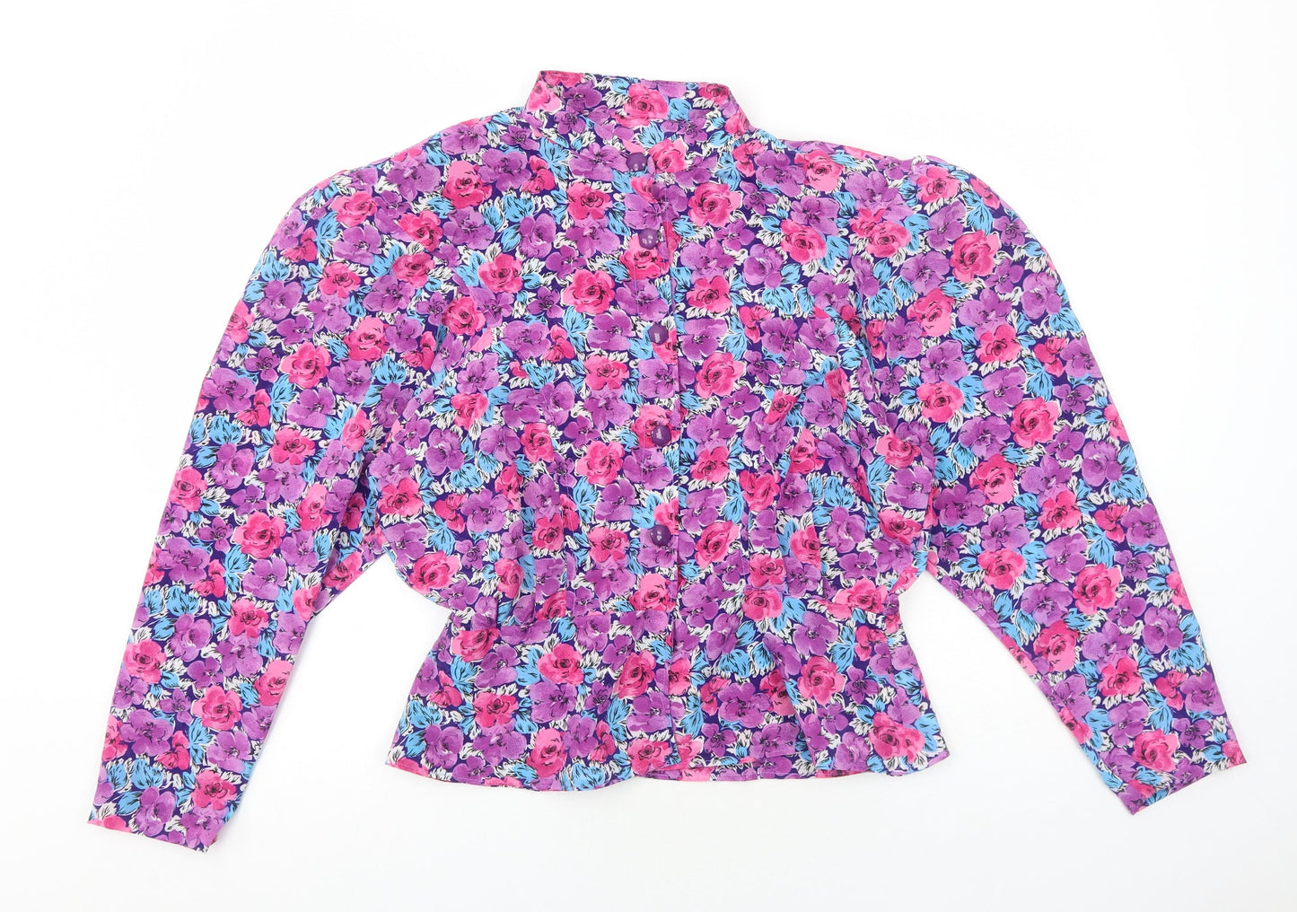 Preworn Womens Purple Floral Polyester Basic Button-Up Size M Collared