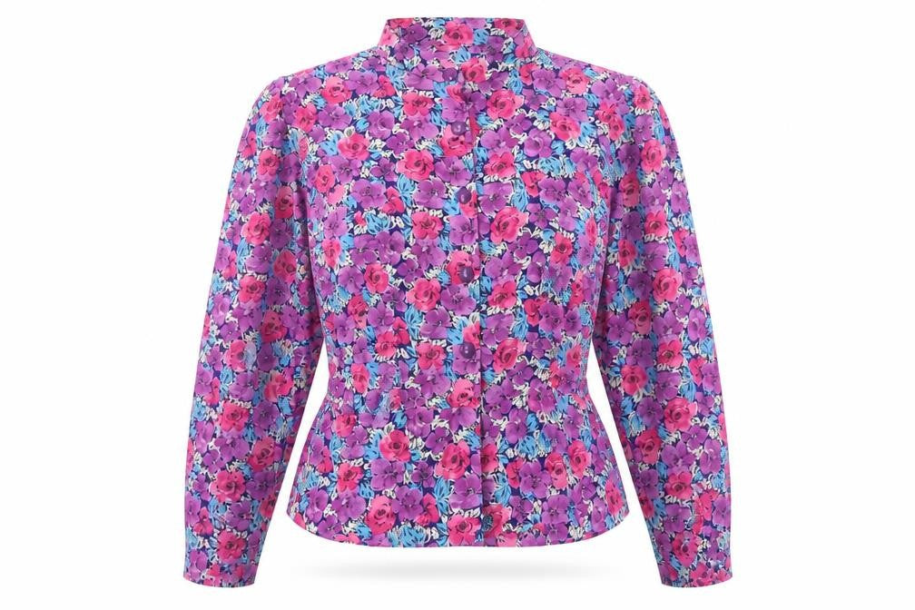 Preworn Womens Purple Floral Polyester Basic Button-Up Size M Collared