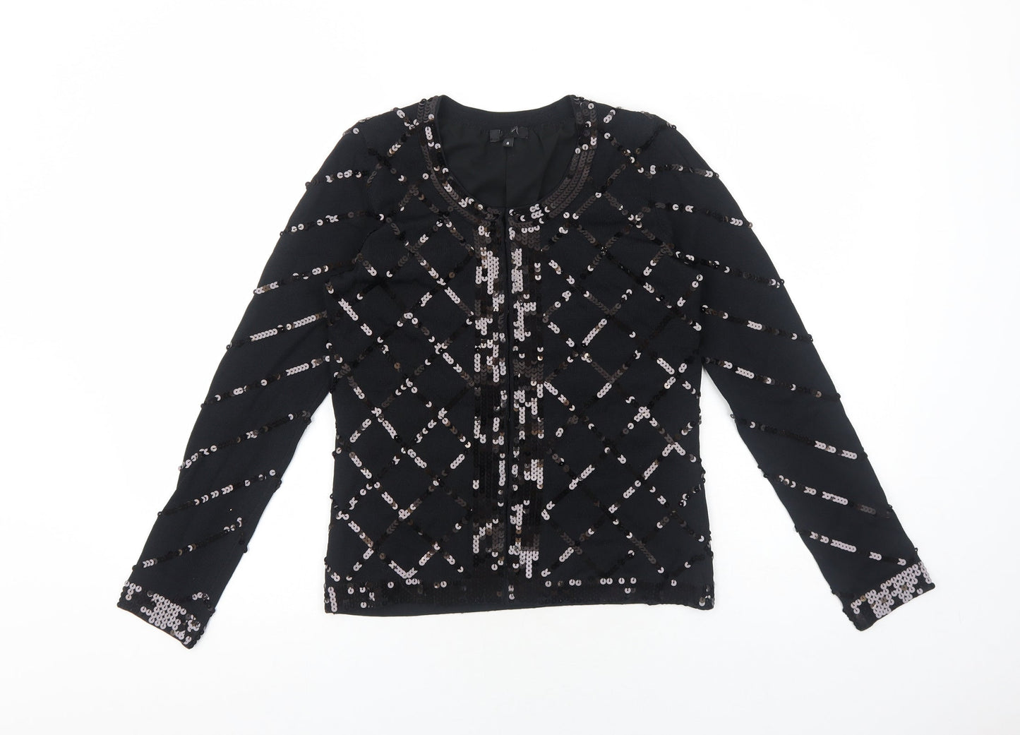 Preworn Womens Black Scoop Neck Geometric Polyester Cardigan Jumper Size 8 - Hook & Eye Closure