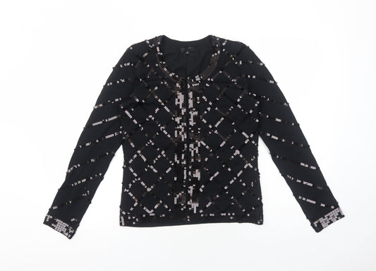 Preworn Womens Black Scoop Neck Geometric Polyester Cardigan Jumper Size 8 - Hook & Eye Closure
