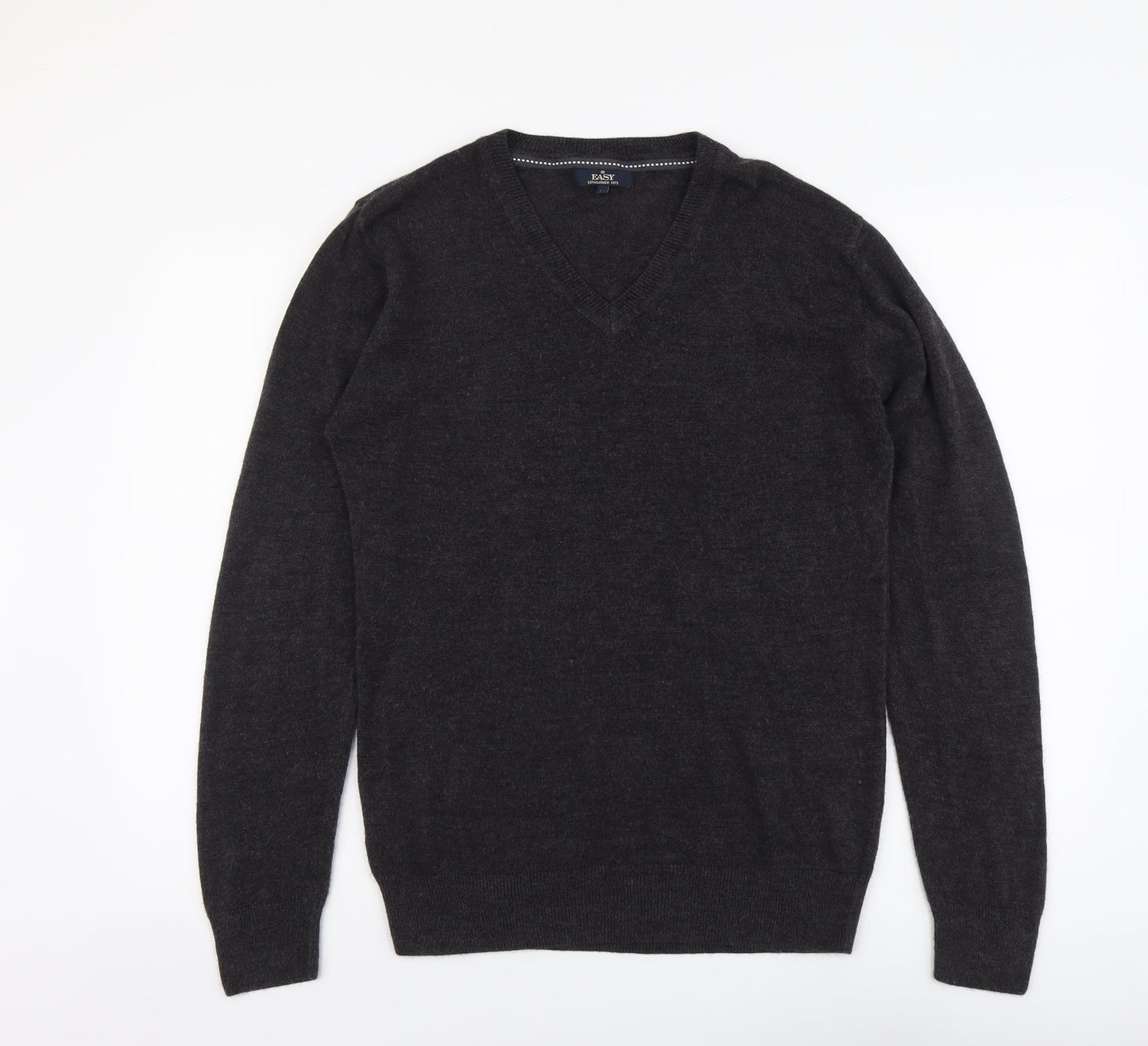Easy Mens Grey V-Neck Acrylic Pullover Jumper Size M Long Sleeve