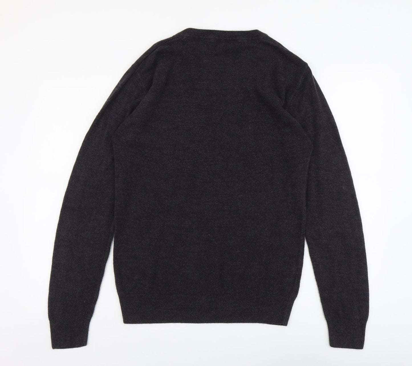 Easy Mens Grey V-Neck Acrylic Pullover Jumper Size M Long Sleeve