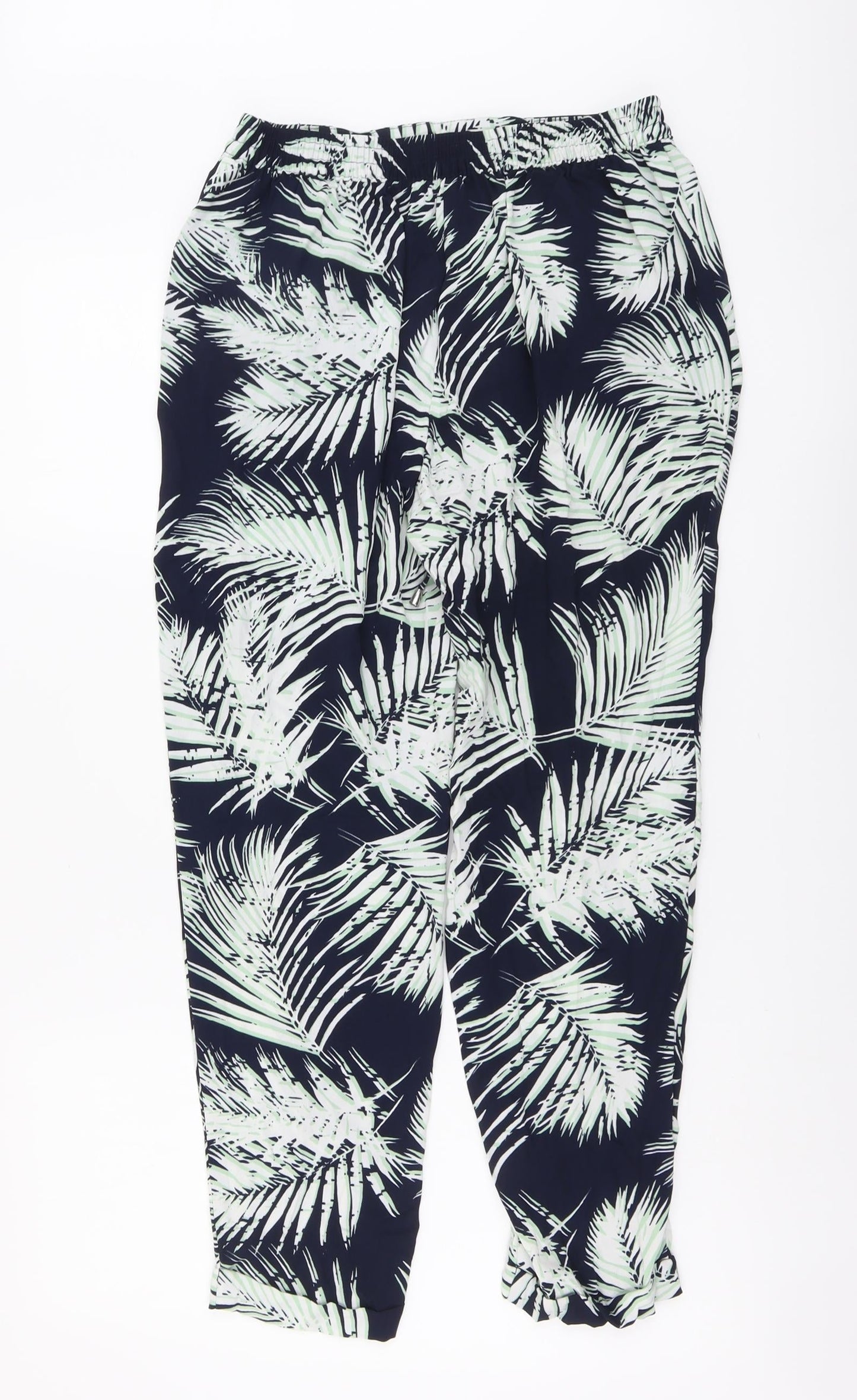 F&F Womens Beige Geometric Viscose Trousers Size 8 L27 in Regular Drawstring - Leaf Print