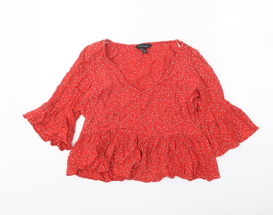 New Look Womens Red Polka Dot Polyester Basic Blouse Size 6 V-Neck - Drop hem