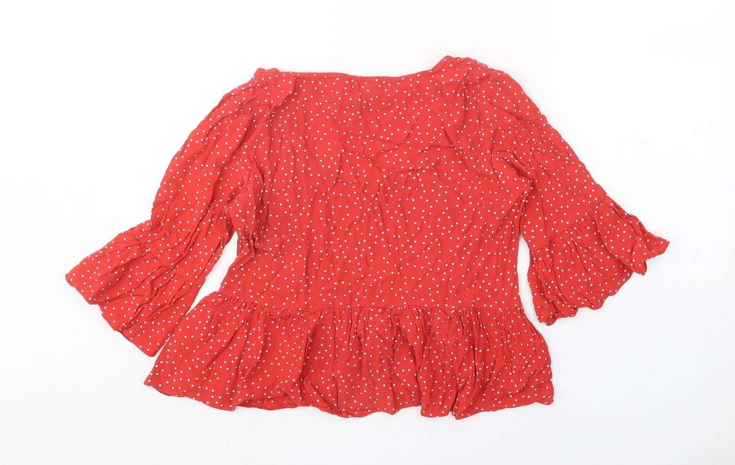 New Look Womens Red Polka Dot Polyester Basic Blouse Size 6 V-Neck - Drop hem