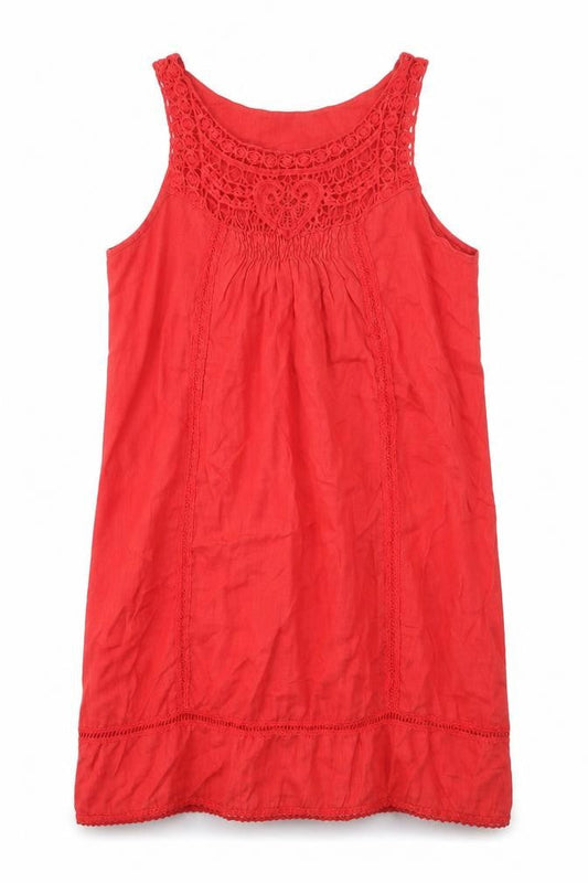 Womens Red Linen Tank Dress One Size Round Neck Pullover