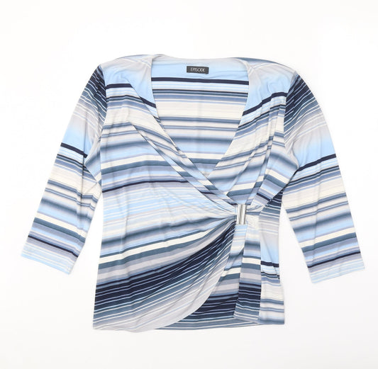 Episode Womens Blue Striped Polyester Basic T-Shirt Size L V-Neck