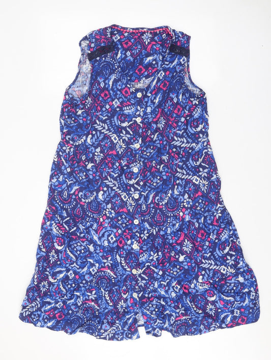 Preworn Womens Blue Geometric Viscose Tank Dress One Size Round Neck Button