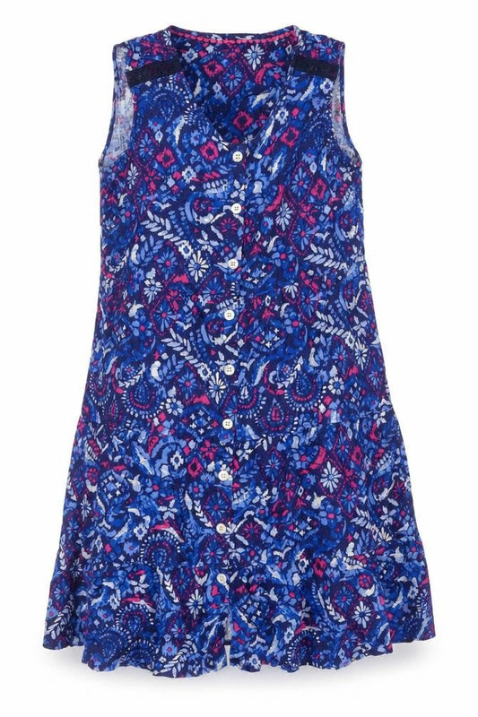 Womens Blue Geometric Viscose Tank Dress One Size Round Neck Button