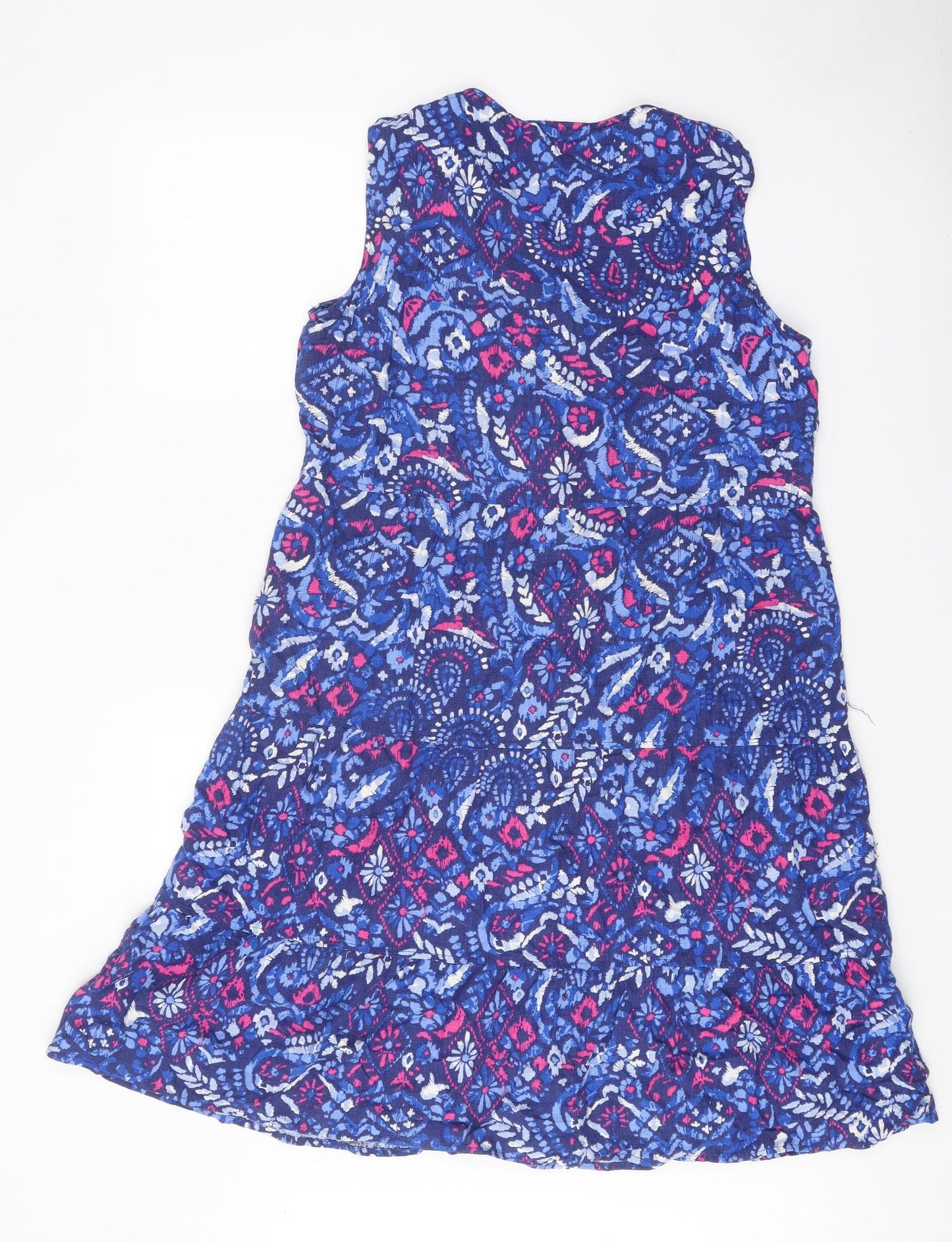 Preworn Womens Blue Geometric Viscose Tank Dress One Size Round Neck Button