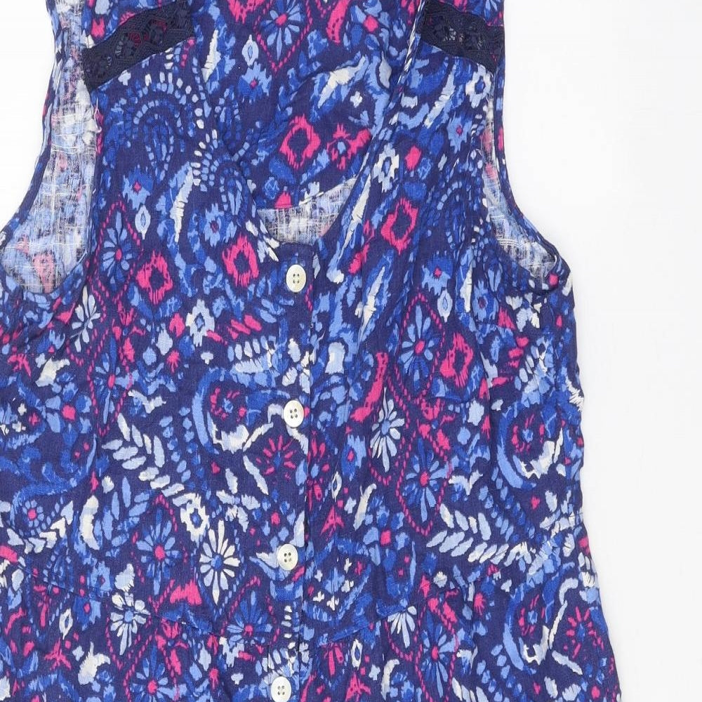 Preworn Womens Blue Geometric Viscose Tank Dress One Size Round Neck Button