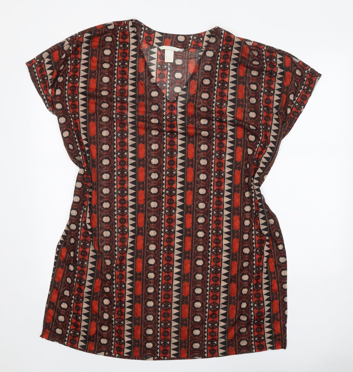 H&M Womens Brown Geometric Polyester Shift Size M V-Neck Pullover