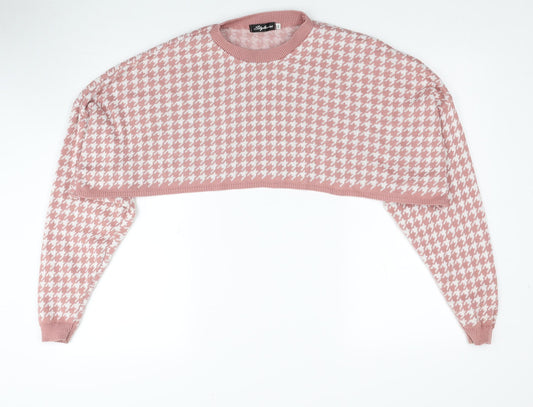 Stylewise Womens Pink Round Neck Herringbone Acrylic Pullover Jumper Size M - Cropped, Size M/L