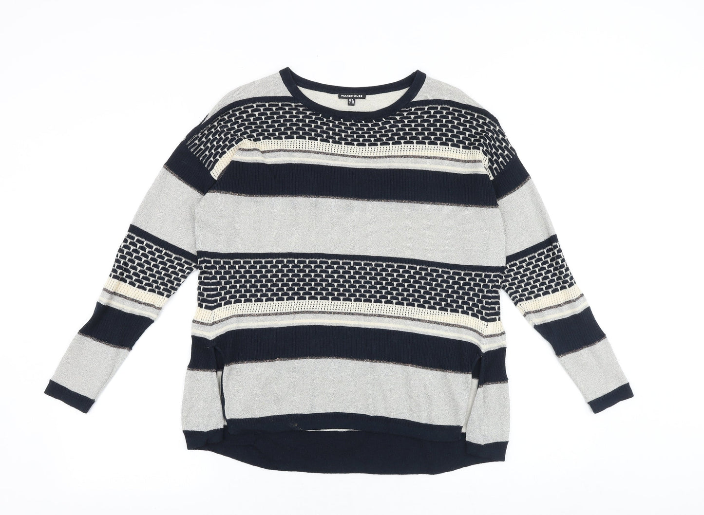 Warehouse Womens Blue Round Neck Striped Viscose Pullover Jumper Size 6