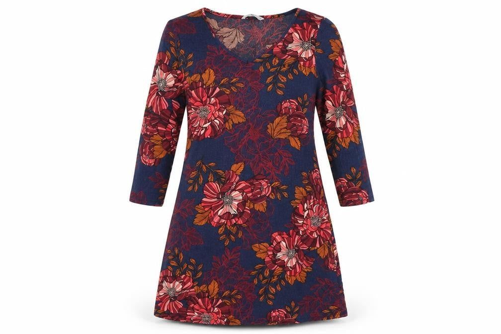 TU Womens Blue Floral Viscose A-Line Size 12 V-Neck Pullover