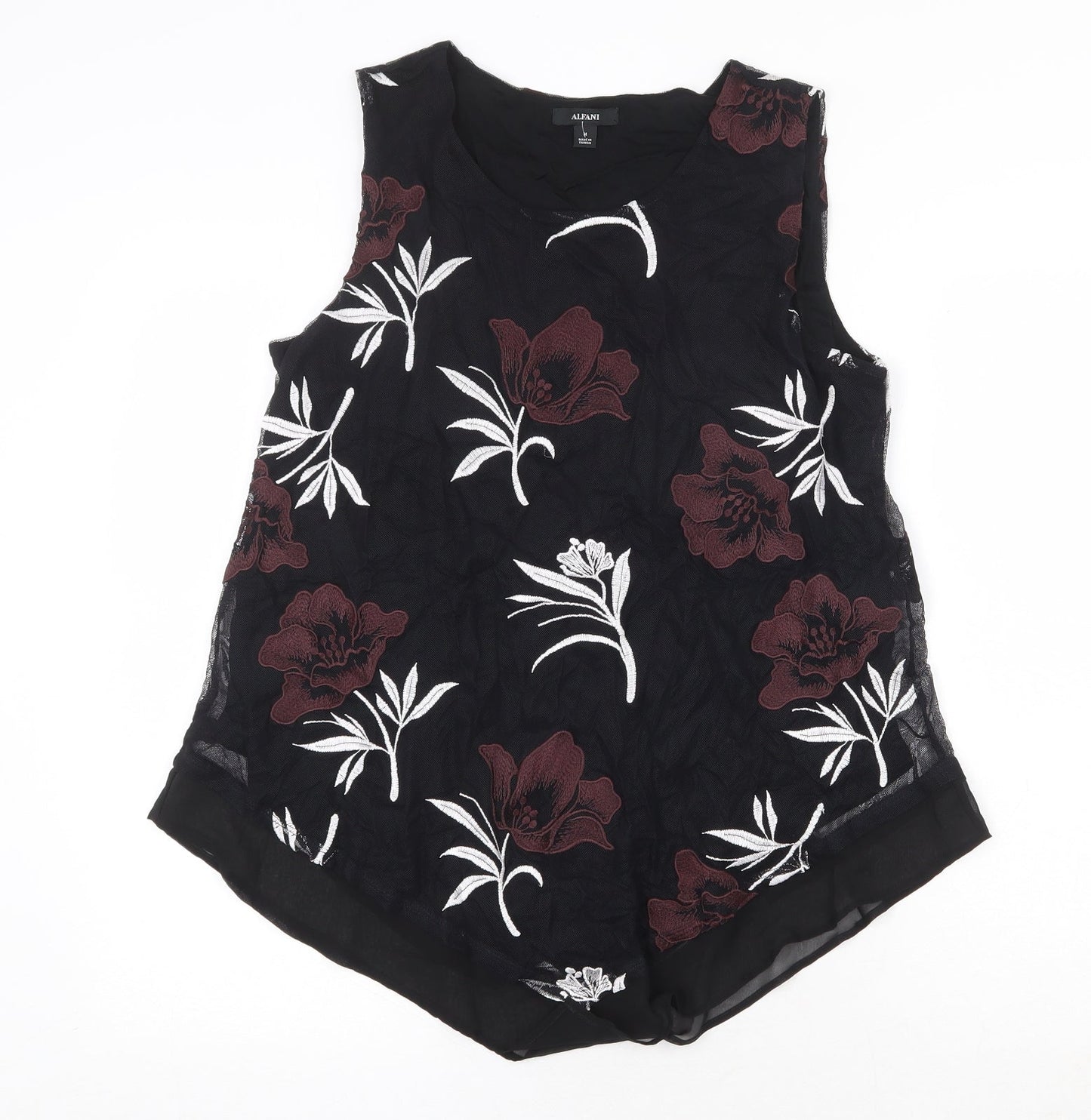 Alfani Womens Black Floral Nylon Basic Tank Size M Round Neck