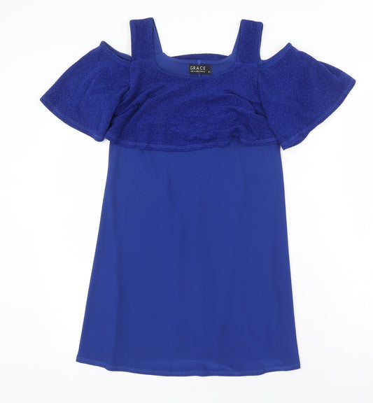 Grace Womens Blue Polyester A-Line Size 8 Round Neck Pullover - Cold Shoulder