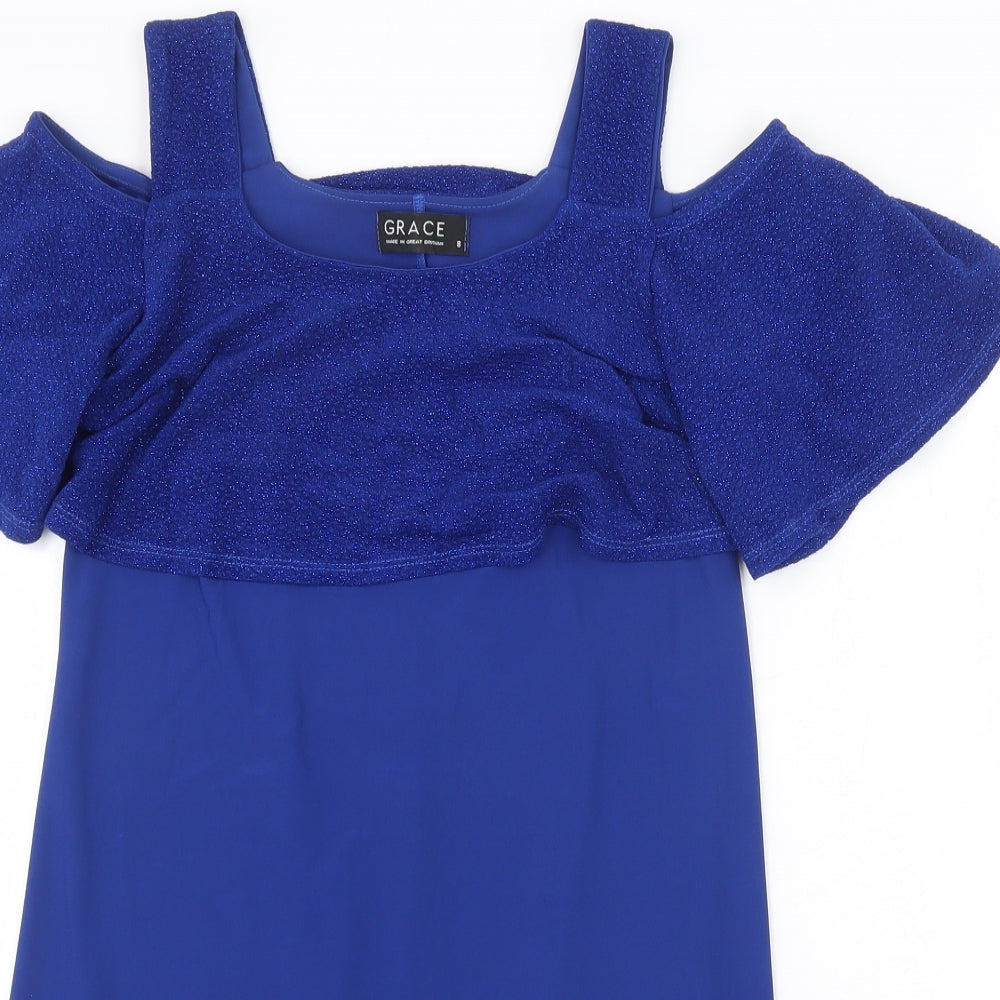 Grace Womens Blue Polyester A-Line Size 8 Round Neck Pullover - Cold Shoulder