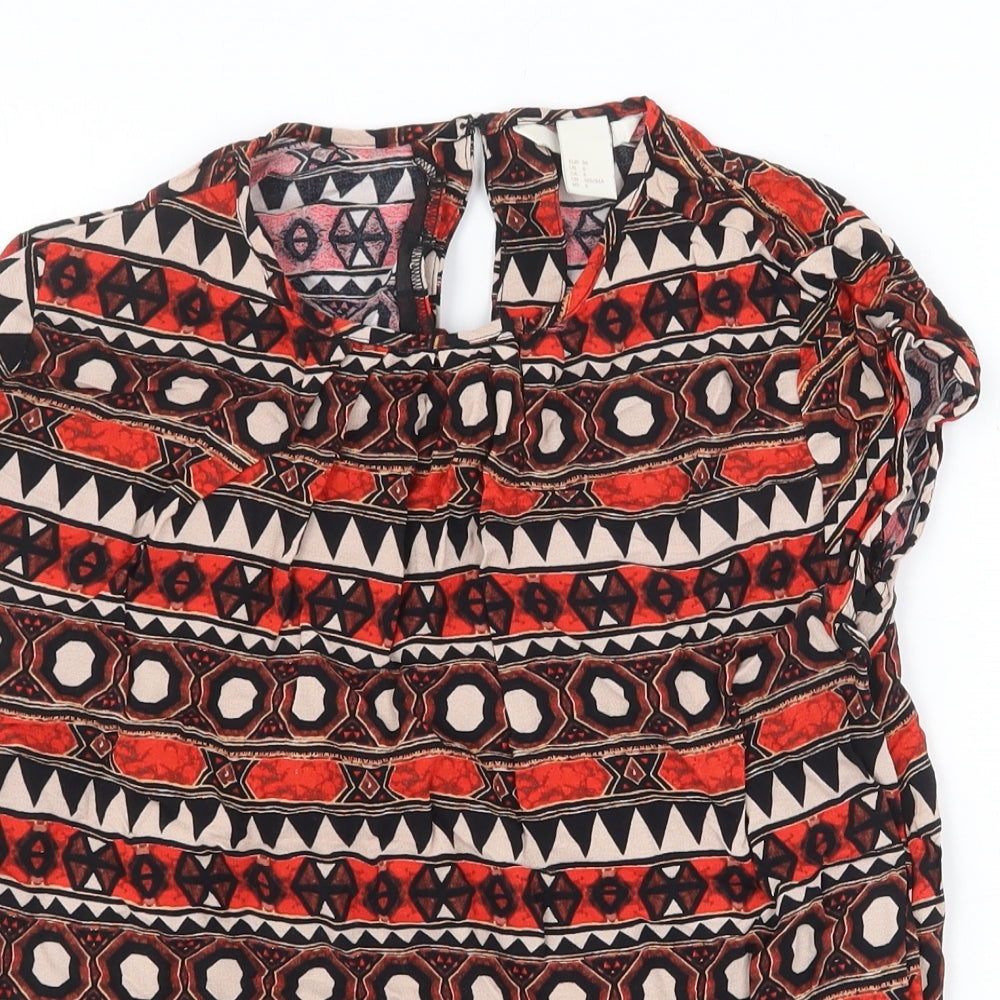 H&M Womens Red Geometric Viscose Basic Blouse Size 8 Round Neck