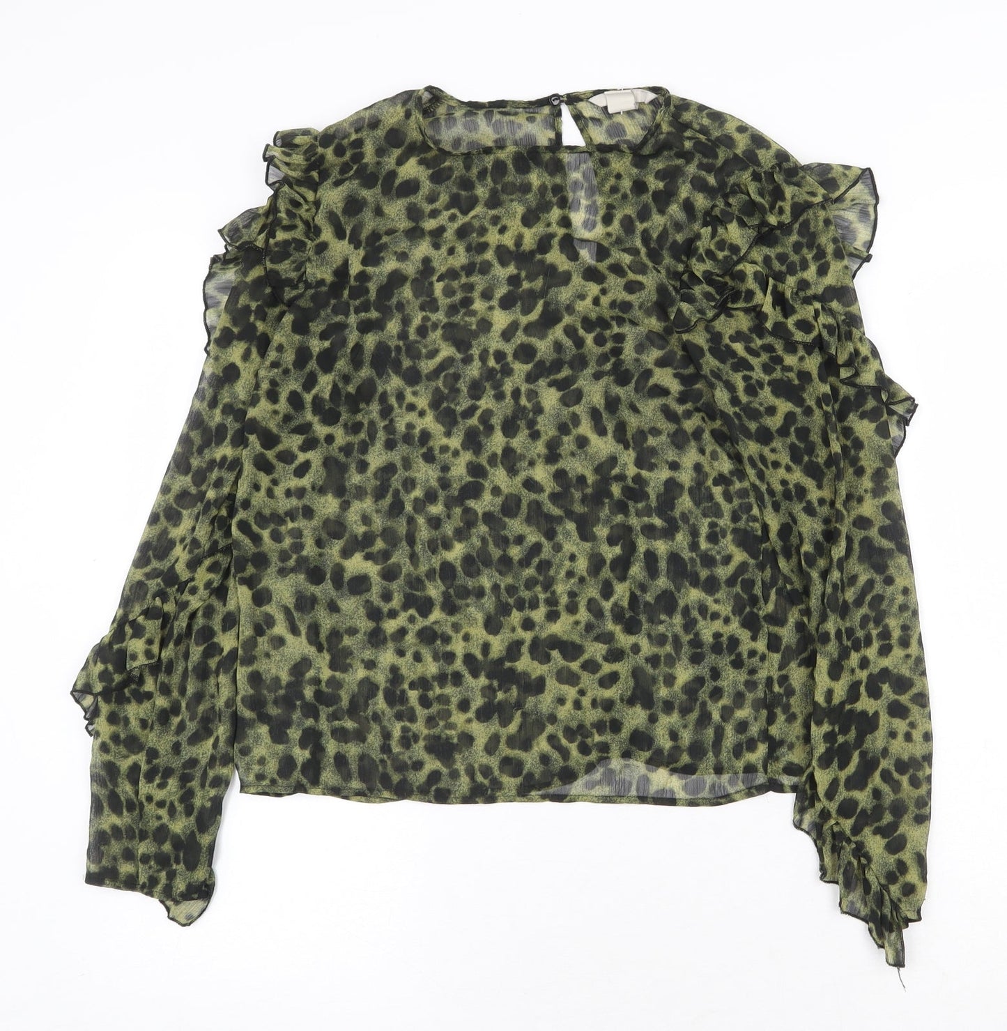 H&M Womens Green Animal Print Polyester Basic Blouse Size 6 Round Neck - Hyena Print