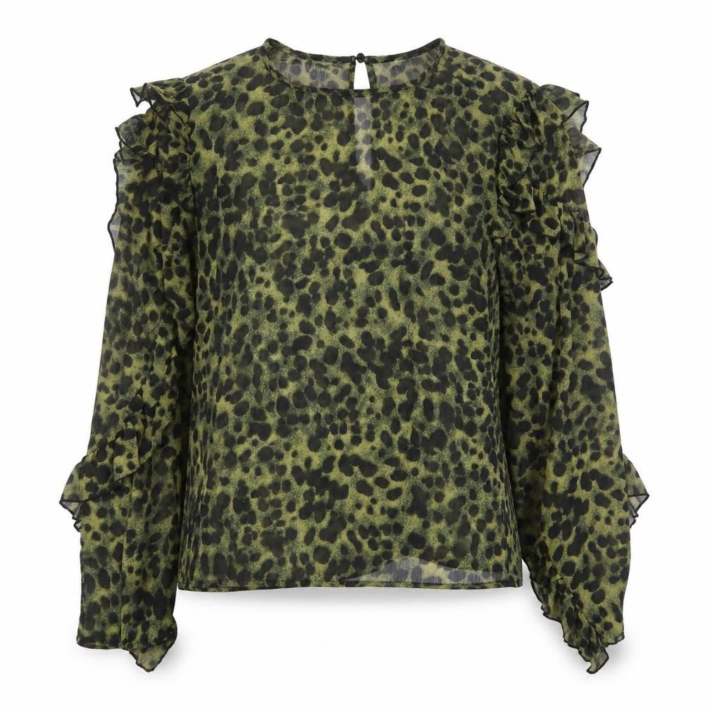 H&M Womens Green Animal Print Polyester Basic Blouse Size 6 Round Neck - Hyena Print