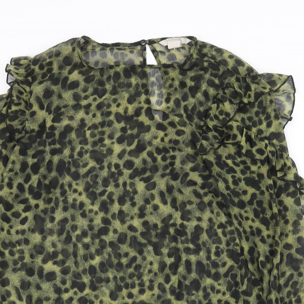 H&M Womens Green Animal Print Polyester Basic Blouse Size 6 Round Neck - Hyena Print