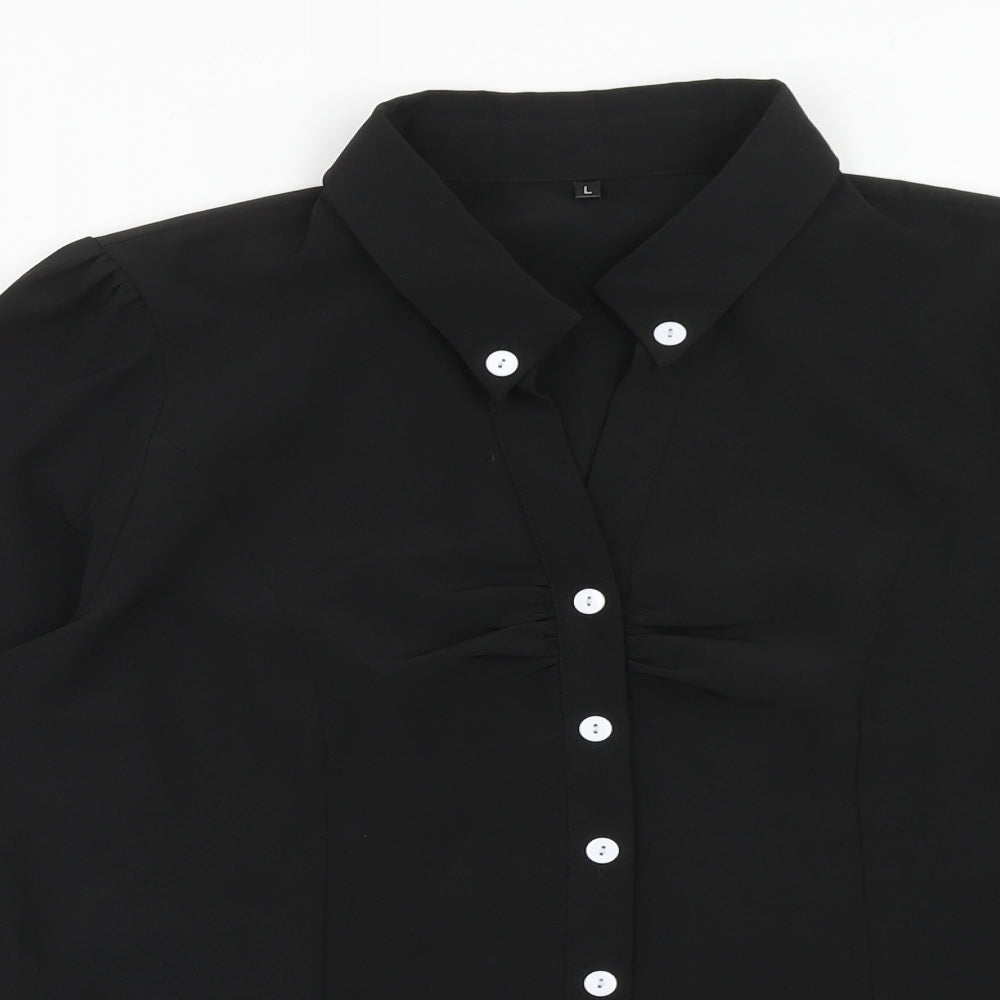 Preworn Womens Black Polyester Basic Button-Up Size L Collared