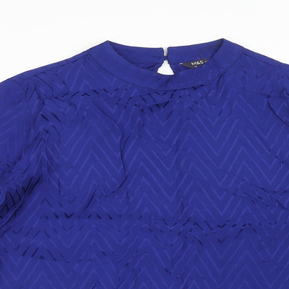 Marks and Spencer Womens Blue Geometric Viscose Basic Blouse Size 12 Round Neck