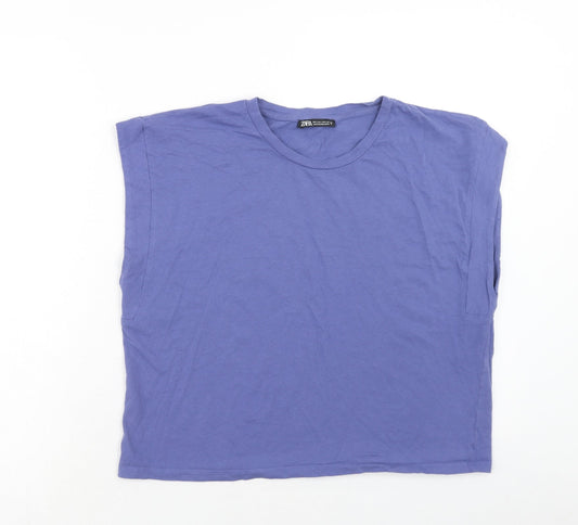 Zara Womens Purple Cotton Cropped Blouse Size L Round Neck
