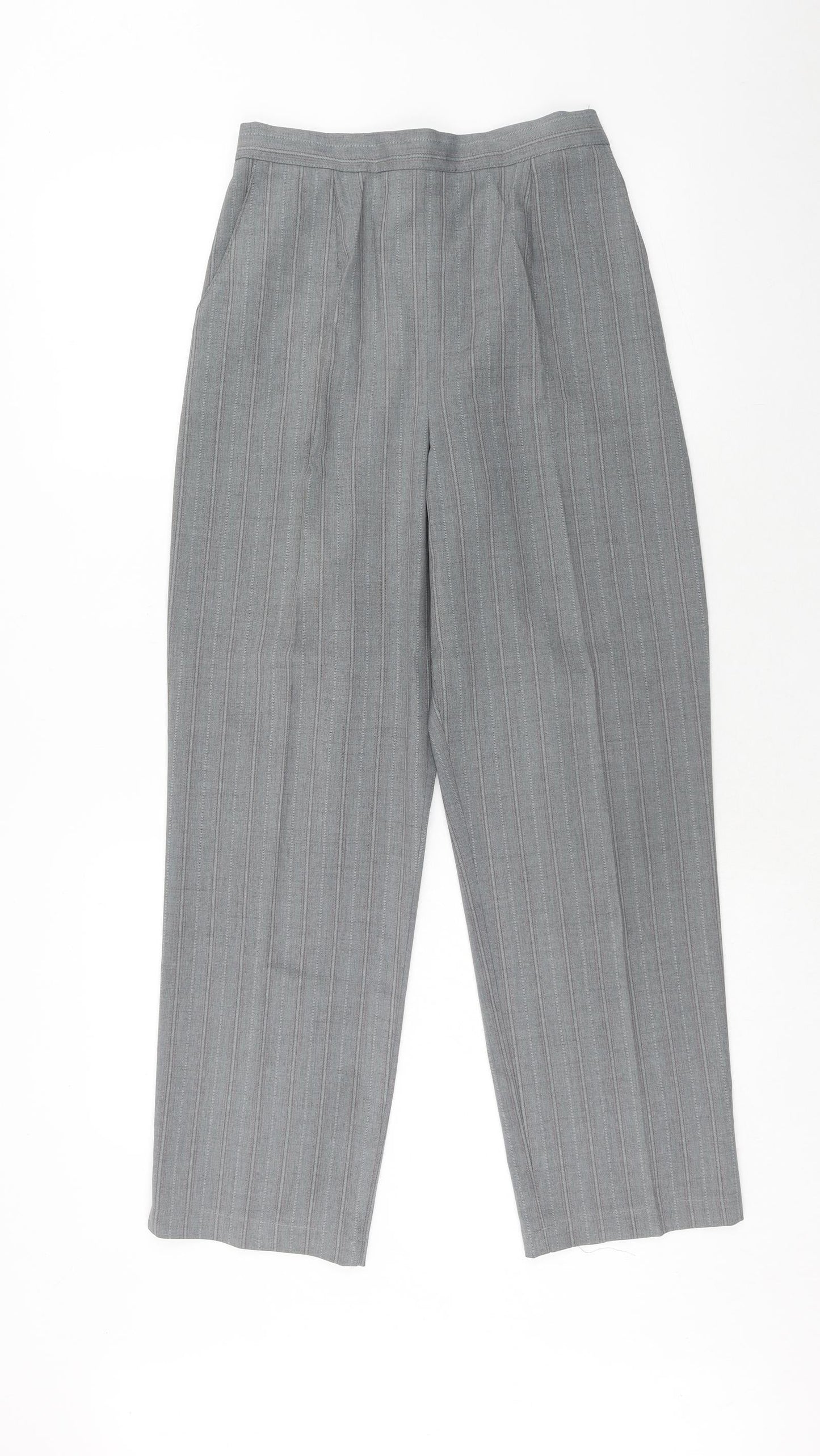 Preworn Womens Grey Striped Polyester Trousers Size 12 Regular