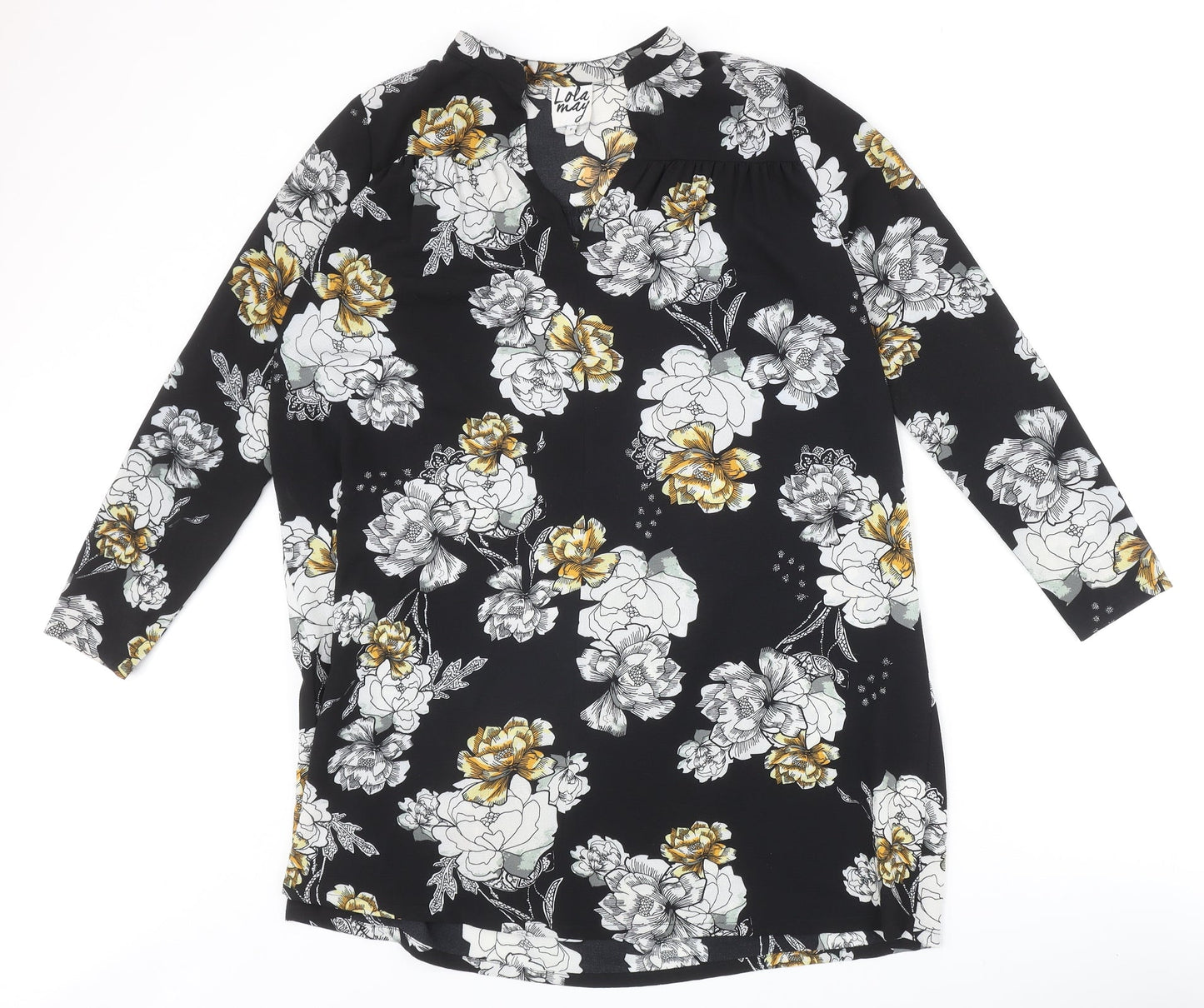 Lola May Womens Black Floral Polyester Basic Blouse Size 8 V-Neck - Flower Detail