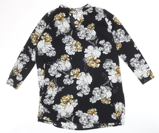 Lola May Womens Black Floral Polyester Basic Blouse Size 8 V-Neck - Flower Detail