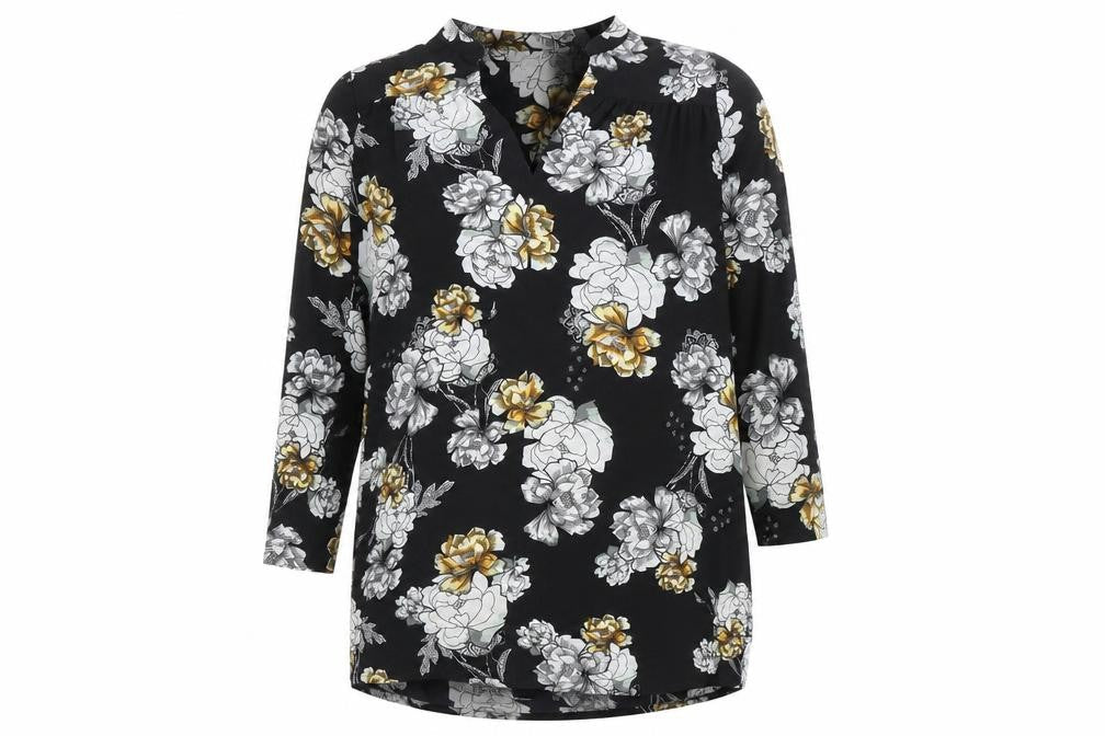 Lola May Womens Black Floral Polyester Basic Blouse Size 8 V-Neck - Flower Detail