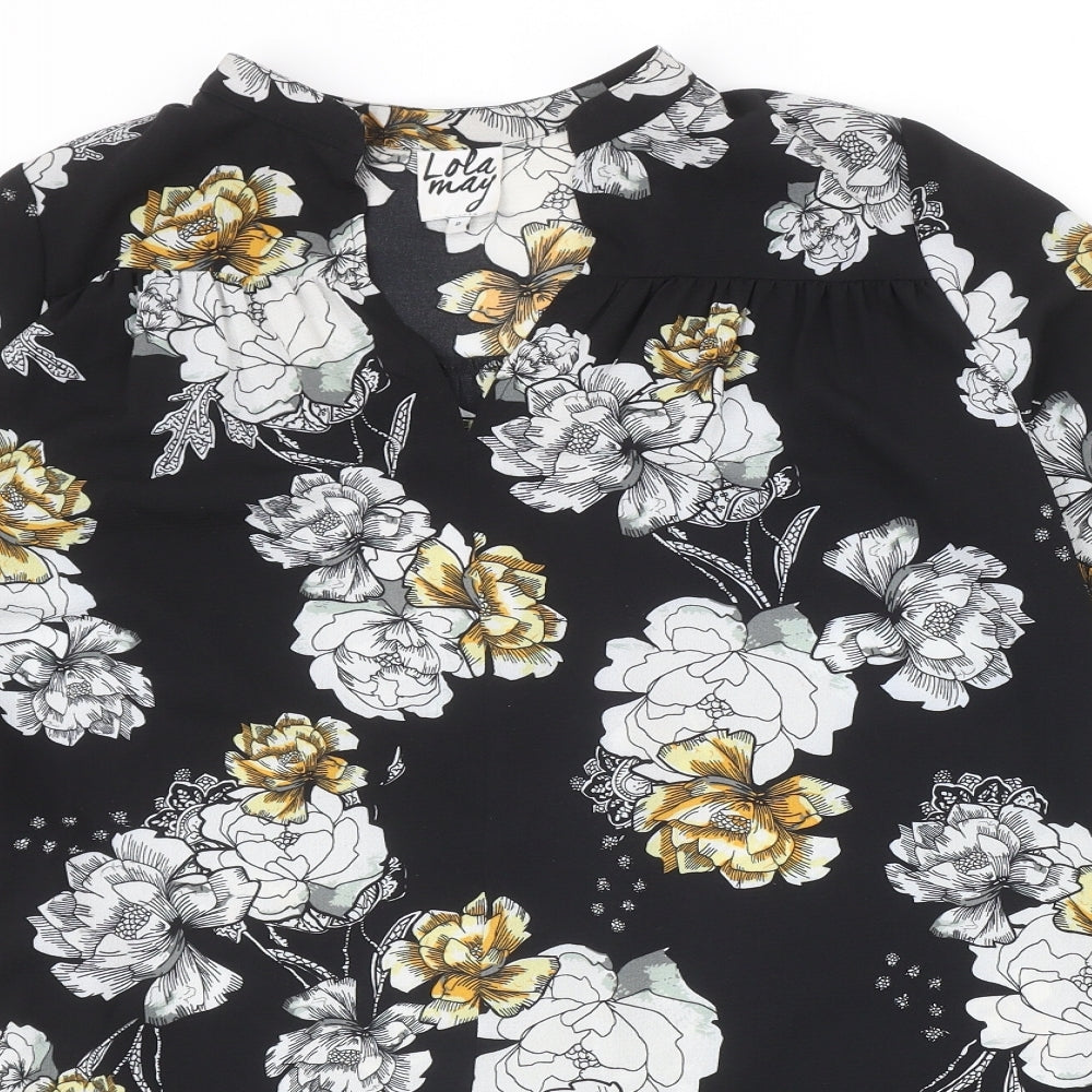 Lola May Womens Black Floral Polyester Basic Blouse Size 8 V-Neck - Flower Detail