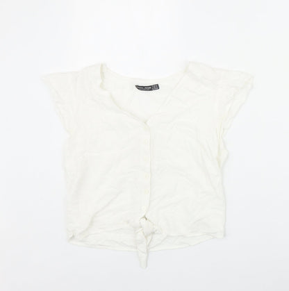 Bershka Womens Ivory Viscose Basic Button-Up Size S V-Neck - Tie Front
