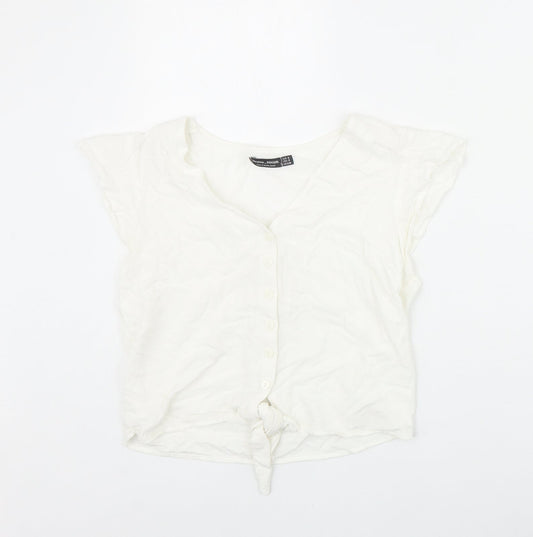 Bershka Womens Ivory Viscose Basic Button-Up Size S V-Neck - Tie Front
