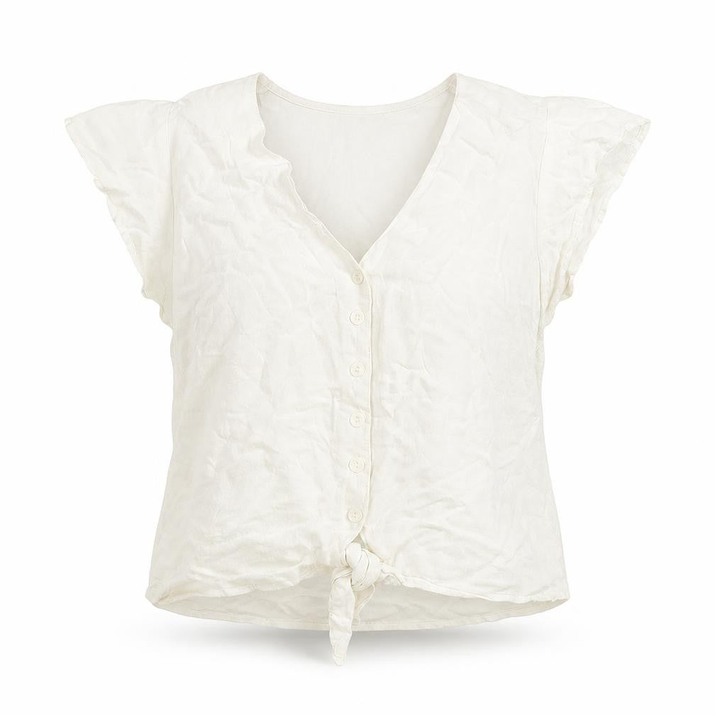Bershka Womens Ivory Viscose Basic Button-Up Size S V-Neck - Tie Front